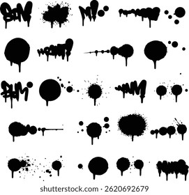 Vector set of abstract doodle elements with spray paint effect. Includes splashes, drips, graffiti-style textures, and artistic marks. Suitable for street art projects, posters, or digital design back