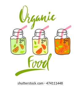 Vector set of abstract elements. Healthy colorful beverages. Grunge handwritten lettering. Organic food