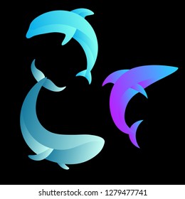 Vector set of abstract emblems and logo design in bright gradient colors - whale, shark and dolphin