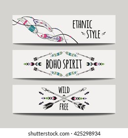 Vector set of abstract ethnic banners with arrows, feathers and geometric ornaments. Boho design brochure templates. Modern colorful tribal backgrounds.