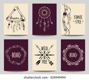 Vector set of abstract ethnic flyers with arrows, dreamcatcher, feather frames. Boho design brochure templates. Modern colorful tribal backgrounds.