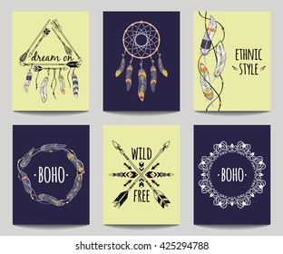 Vector set of abstract ethnic flyers with arrows, dreamcatcher, feather frames. Boho design brochure templates. Modern colorful tribal backgrounds.