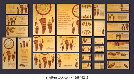 Vector set of abstract ethnic flyers with arrows, dreamcatcher, feather frames. Boho design brochure and business card templates.