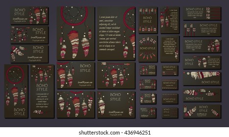 Vector set of abstract ethnic flyers with arrows, dreamcatcher, feather frames. Boho design brochure and business card templates.