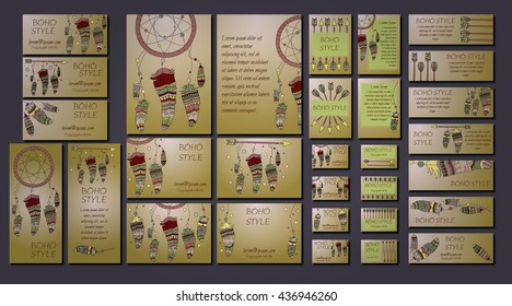 Vector set of abstract ethnic flyers with arrows, dreamcatcher, feather frames. Boho design brochure and business card templates.