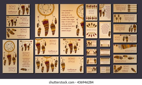 Vector set of abstract ethnic flyers with arrows, dreamcatcher, feather frames. Boho design brochure and business card templates.