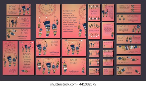 Vector set of abstract ethnic flyers with arrows, dreamcatcher, feather frames. Boho design brochure and business card templates.