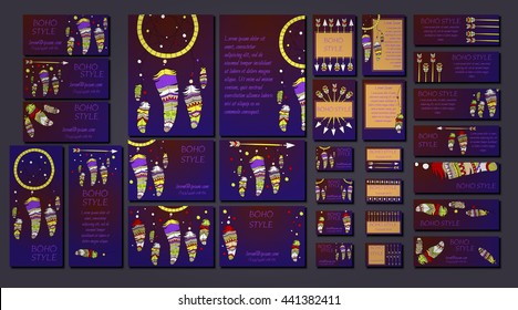 Vector set of abstract ethnic flyers with arrows, dreamcatcher, feather frames. Boho design brochure and business card templates.