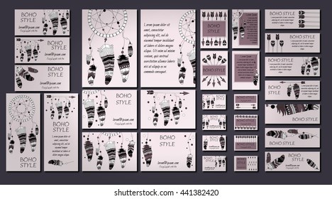 Vector set of abstract ethnic flyers with arrows, dreamcatcher, feather frames. Boho design brochure and business card templates.