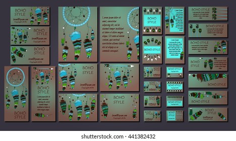 Vector set of abstract ethnic flyers with arrows, dreamcatcher, feather frames. Boho design brochure and business card templates.