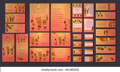Vector set of abstract ethnic flyers with arrows, dreamcatcher, feather frames. Boho design brochure and business card templates.