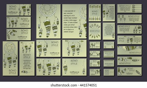 Vector set of abstract ethnic flyers with arrows, dreamcatcher, feather frames. Boho design brochure and business card templates.
