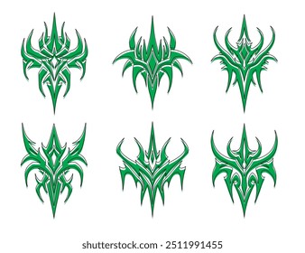 Vector set of abstract ethnic Maori or Polynesian neo tribal trendy y2k ornament shapes. Gothic futuristic graphic tattoo elements collection