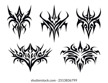 Conjunto vetorial de formas abstratas de ornamentos y2k da moda étnica maori ou polinésia neotípica. Coleção de elementos de tatuagem gráfica futurista gótica