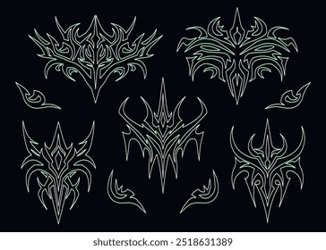 Vector set of abstract ethnic Maori or Polynesian neo tribal trendy y2k ornament shapes. Gothic futuristic graphic tattoo elements collection