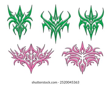 Vector set of abstract ethnic Maori or Polynesian neo tribal trendy y2k ornament shapes. Gothic futuristic graphic tattoo elements collection