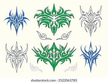 Vektorsatz von abstrakten ethnischen Maori oder polynesischen Neo-Stamm trendige y2k Ornament Formen. Gothic futuristische Grafik Tattoo Elemente Sammlung