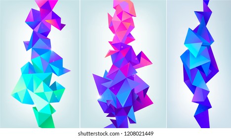 Vector set of abstract facet 3d shapes. Geometric triangles banners, vertical orientation. Colorful, futuristic modern style. Isolated. Purple, blue