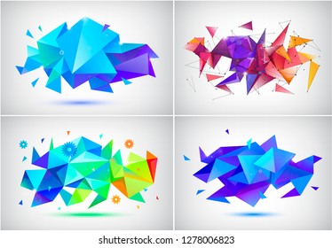 Vector set of abstract facet 3d shapes, geometric banners. Low poly triangle posters, modern concept backgrounds