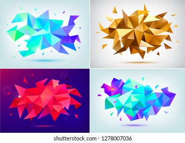 Vector set of abstract facet 3d shapes, geometric banners. Low poly triangle posters, modern concept backgrounds