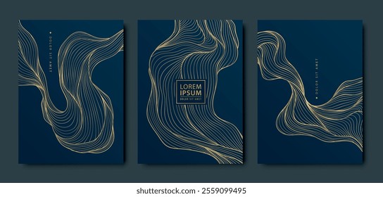 Vector set of abstract fancy art deco line waves, golden luxury covers, labels, premium cards. Curve clouds, leaves, river shape cards, backgrounds
