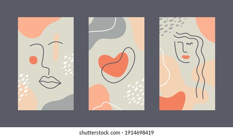 Vector set of abstract female line art faces. Modern trendy illustration with geometric shapes and color spots. Contemporary portrait in natural pastel shades. Minimalistic woman silhouette. 