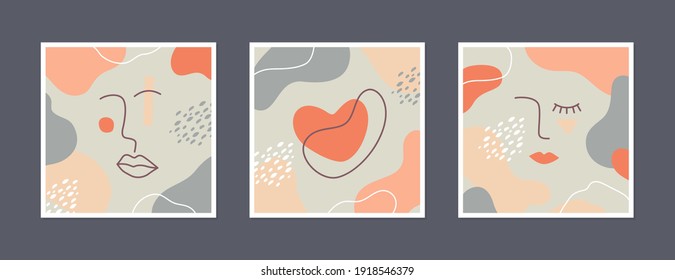Vektorset abstrakter weiblicher Linien-Kunst-Gesichter. Moderne trendige Illustration mit geometrischen Formen und Farbpunkten. Zeitgenössische Collage in natürlichen Pastelltönen. Minimalistische Silhouette. 