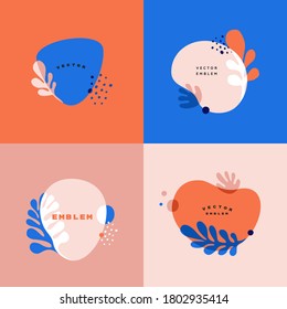 Vector set of abstract floral backgrounds with copy space for text in red and blue colors with effect of overprinting. Banners and templates with leaves and plants for posters, packaging, cover design