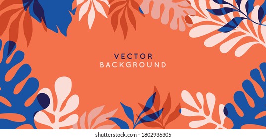 Vector set of abstract floral backgrounds with copy space for text in red and blue colors with effect of overprinting. Banners and templates with leaves and plants for posters, packaging, cover design