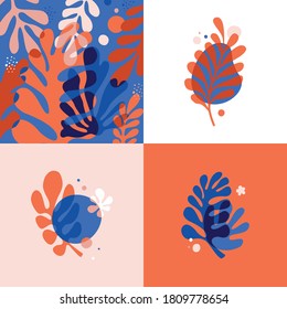 Vector set of abstract floral backgrounds with copy space for text in red and blue colors with effect of overprinting. Banners and templates with leaves and plants for posters, packaging, cover design