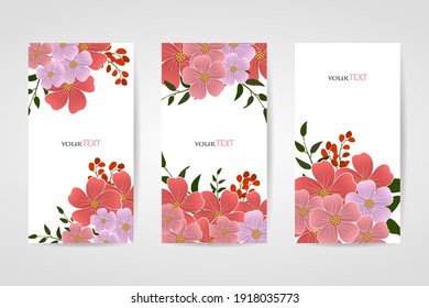 Vector set of abstract floral backgrounds with a copy of the text space - bright banners, posters, cover design templates, wallpapers from stories in social networks with spring leaves and flowers