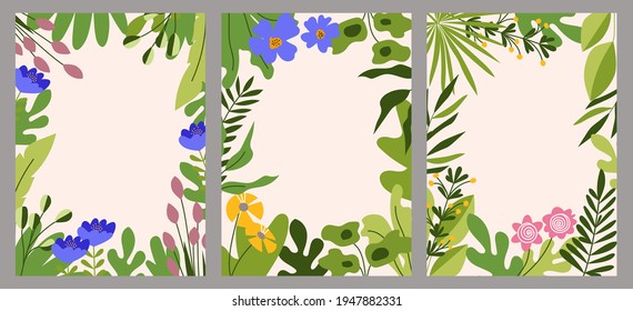 Vektorset mit abstrakten floralen Hintergründen mit Kopienraum für Text. Frühlings- und Sommerbilder, Cover-Design-Vorlagen, Social Media-Geschichten.