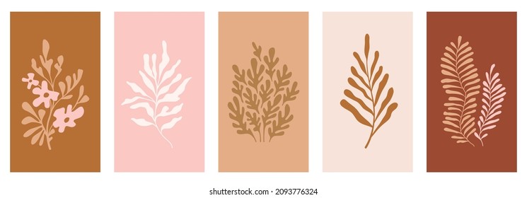 Vector set of abstract floral backgrounds with copy space for text. Banners and templates with leaves and plants for posters, packaging, cover designs, social media stories wallpapers and posts in min