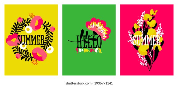 Vector set of abstract floral greeting cards with elegant flowers and summer lettering. Vibrant color banners, cover design templates or social media stories wallpapers with stylish blossoming plants