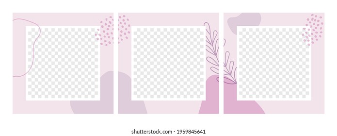 Vector set of abstract floral seamless backgrounds for social media posts. Trendy minimal square templates with place for photos