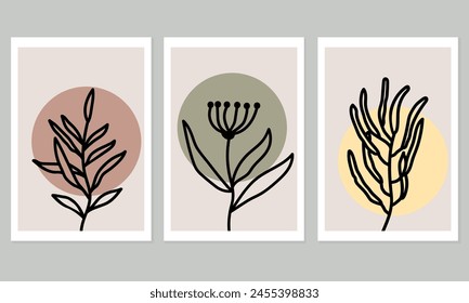 Vector set of abstract flower posters. Trendy botanical wall arts with floral design in pastel colors. Geometric, natural shapes cards