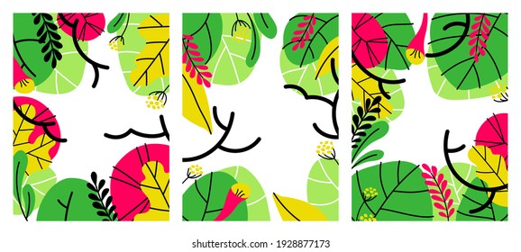 Vector set of abstract foliage backgrounds with tropical leaves and copy space for text. Colorful banners, cover design templates or wallpapers with exotic plants. Editable stroke