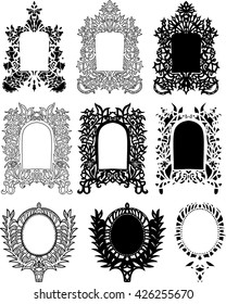 Vector set of abstract frames. Nine baroque frame silhouettes. Ornate design elements. Mirror or picture frames in vintage style. Vector illustration.
