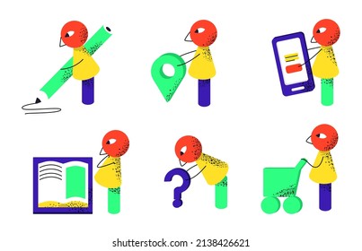 Vector set of abstract functional sign, icons in the concept of location or address, help, communication, purchases, messages, support, question, faq.