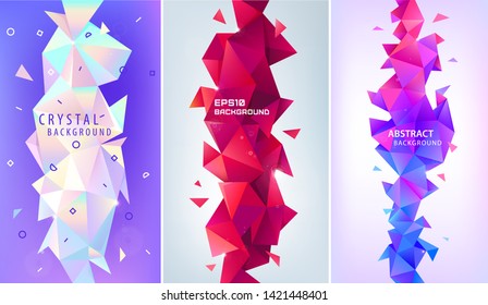 Vektorillustration Satz abstrakter geometrischer 3D-Facetten. Verwenden Sie für Banner, Web, Broschüren, Werbung, Poster, etc. Low-Poly-moderne Hintergrund. Vertikale Ausrichtung. Lila, Rot, Pastellfarben 