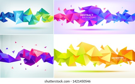 Vector set of abstract geometric 3d facet shapes. Use for banners, web, brochure, ad, poster, etc. Low poly modern style background. Purple, yellow, green