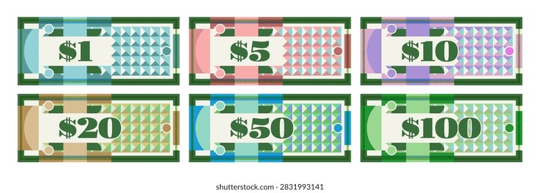 Vector set of abstract geometric banknotes. Play money. Denominations 1, 5, 10, 20, 50 and 100 dollars. Collection of colored bills. Obverse. Cash, finance game. Economy and hobby. Coupon, voucher