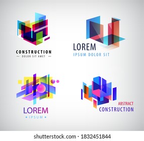 Vector set of abstract geometric colorful logos, icons. Construction building architecture logo, creative concepts