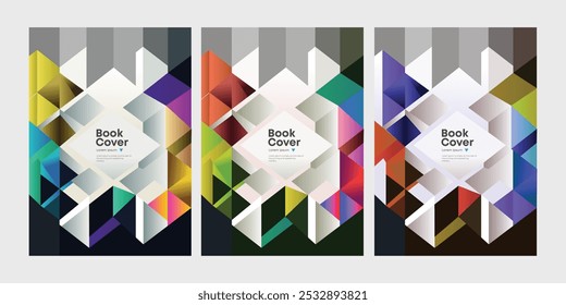 Vector set of abstract geometric covers, banners, posters,
flyers, brochures. a4 template design. 3d Polygonal, facet, origami style