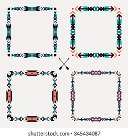 Vector set with abstract geometric ethnic frames. Tribal graphic design elements. Boho style. American indian and aztec motifs.