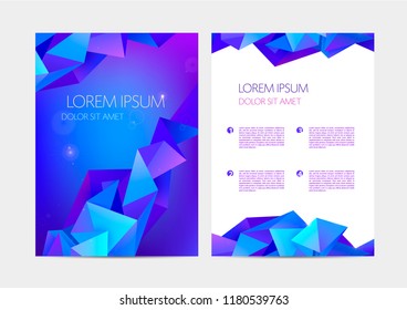 Vector set of abstract geometric faceted backgrounds, flyers, brochures, presentation design templates. Triangular futuristic cosmic background, 3d shapes. Annual report, poster
