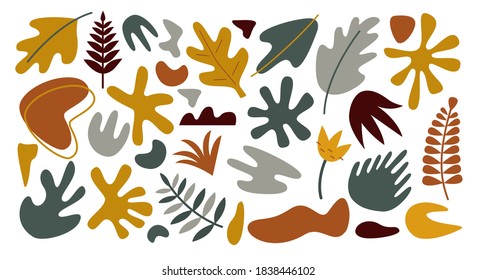 Vector set of abstract geometric leaves, shapes in flat style on a white background. Trendy organic and minimalistic design for banner, cover, wallpaper, textile, stories background decoration. 