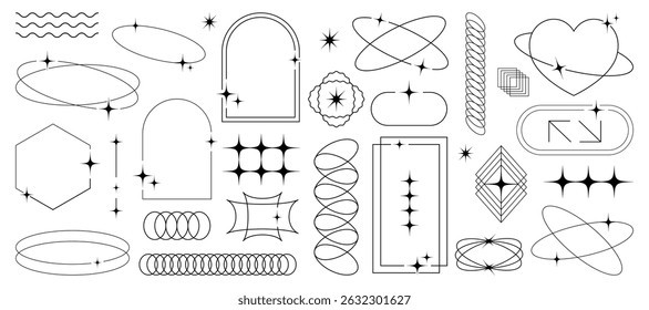 Vector set of abstract geometric line elements, including aesthetic sparkles, dynamic waves, and futuristic frames in a contemporary and minimalistic design