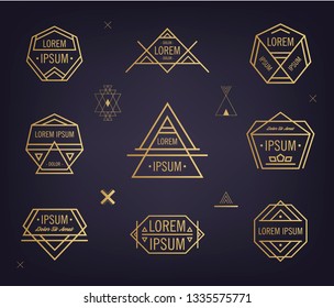 Vector set of abstract geometric logos.  Mystical and esoteric forms, badges with text space. Golden linear illustration