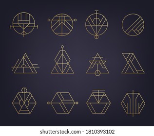 Vector Set Of Abstract Geometric Logos. Art Deco, Hipster, Golden Line Style. Circle, Triangle, Polygon Linear Shapes. Aztec, Magic, Esoteric Icons